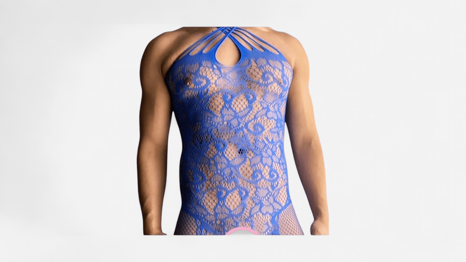 HU: Kék csipkés férfi sissy bodystocking elölről, nyitott mellrésszel és kivágott nyakkialakítással EN: Blue lace men’s sissy bodystocking front view with open chest detail and strappy neckline