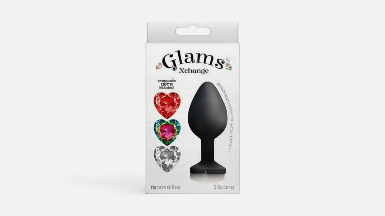 HU: Glams Heart Swap anál dugó NS Novelties csomagolásban, piros, szivárványos és átlátszó cserélhető szív díszekkel EN: Glams Heart Swap anal plug in NS Novelties packaging, with red, rainbow and clear interchangeable heart gems