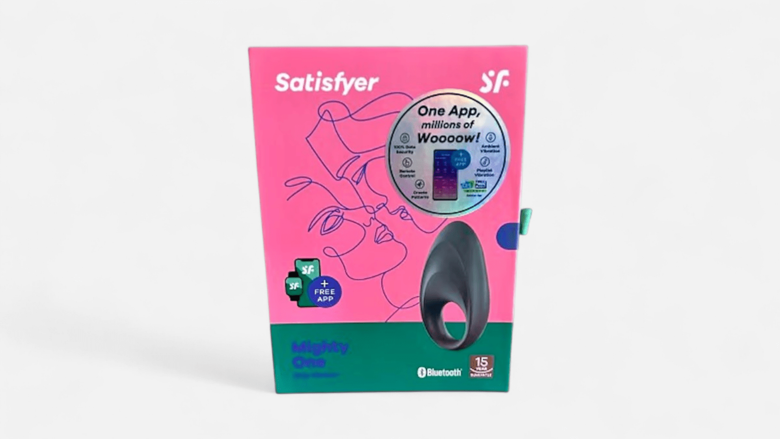 HU: Satisfyer Mighty One appvezérelt péniszgyűrű doboza elölnézetből, rózsaszín és türkiz csomagolással EN: Front view of the Satisfyer Mighty One app-controlled cock ring box with pink and turquoise packaging
