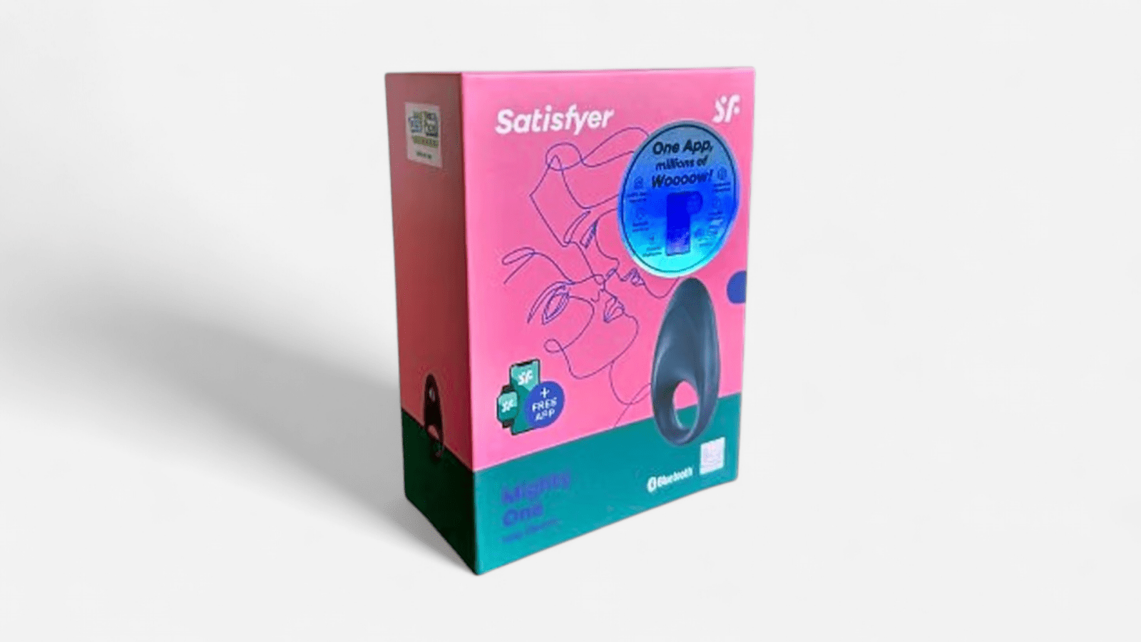HU: Satisfyer Mighty One appvezérelt péniszgyűrű doboza enyhén oldalnézetből, rózsaszín és türkiz csomagolással EN: Satisfyer Mighty One app-controlled cock ring box shown at a slight angle with pink and turquoise packaging