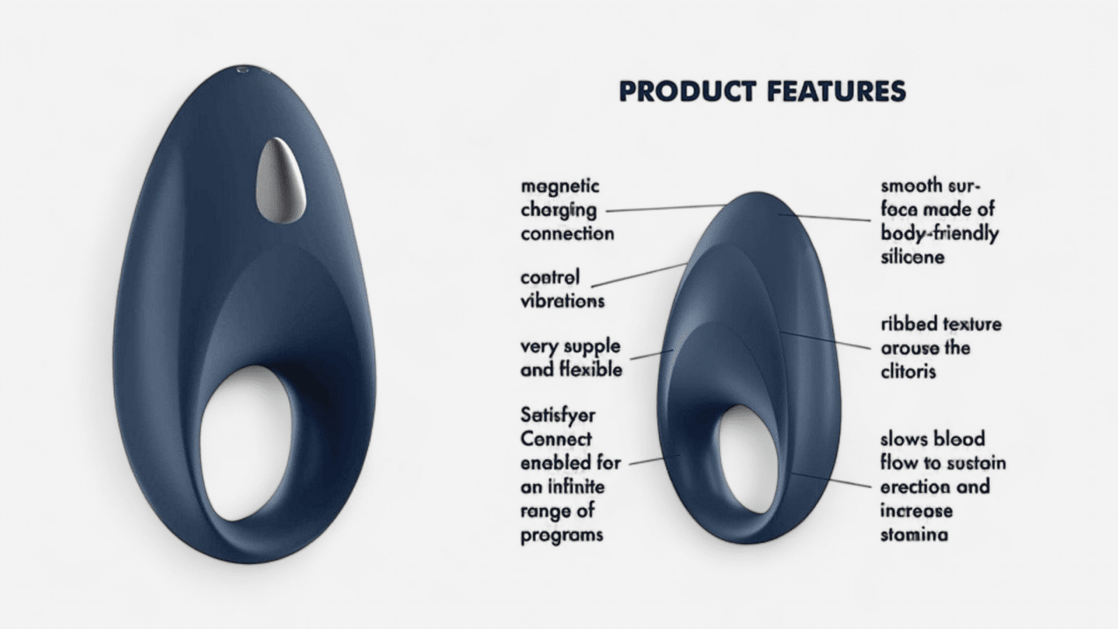 Mighty One péniszgyűrű sötétkék színben, Satisfyer app-vezérléssel Mighty One dark blue penis ring with Satisfyer app control Mighty One péniszgyűrű funkciók: mágneses töltés, szilikon, csiklóizgató bordák Mighty One ring features: magnetic charging, silicone, clitoral ribs