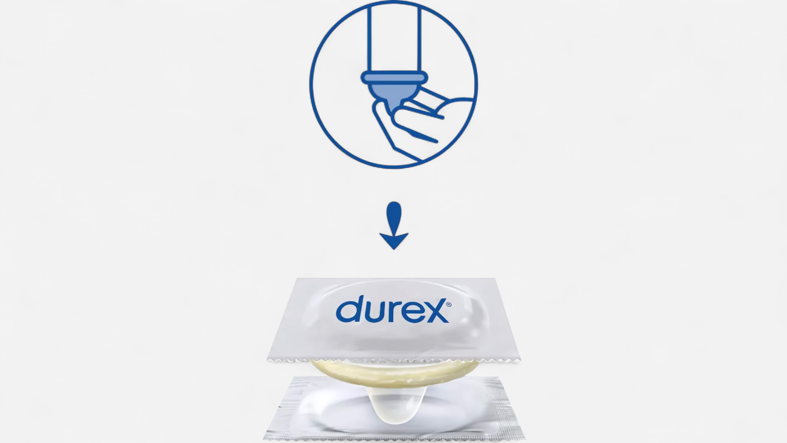 Durex óvszer felhelyezését bemutató illusztráció fehér háttéren, a csomagolásból előkészített óvszerrel EN alt text: Durex condom application illustration on white background, showing a condom prepared from its wrapper