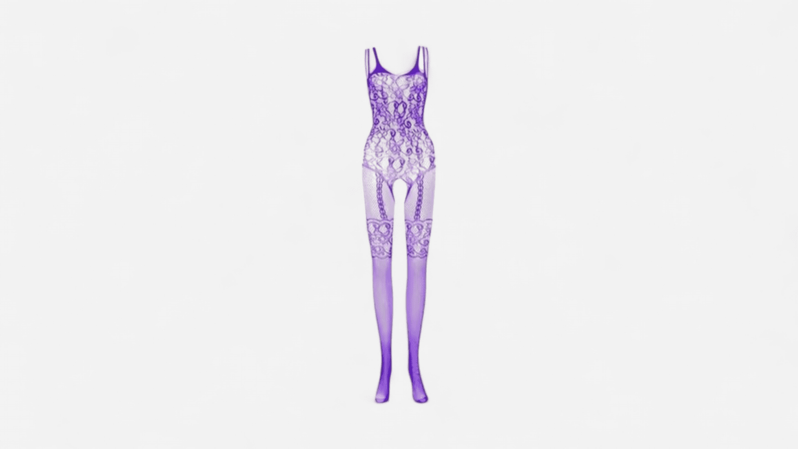 HU: Lila férfi sissy cicaruha nyitott kialakítással, elölről nézet EN: Purple men’s sissy bodystocking with open design, front view