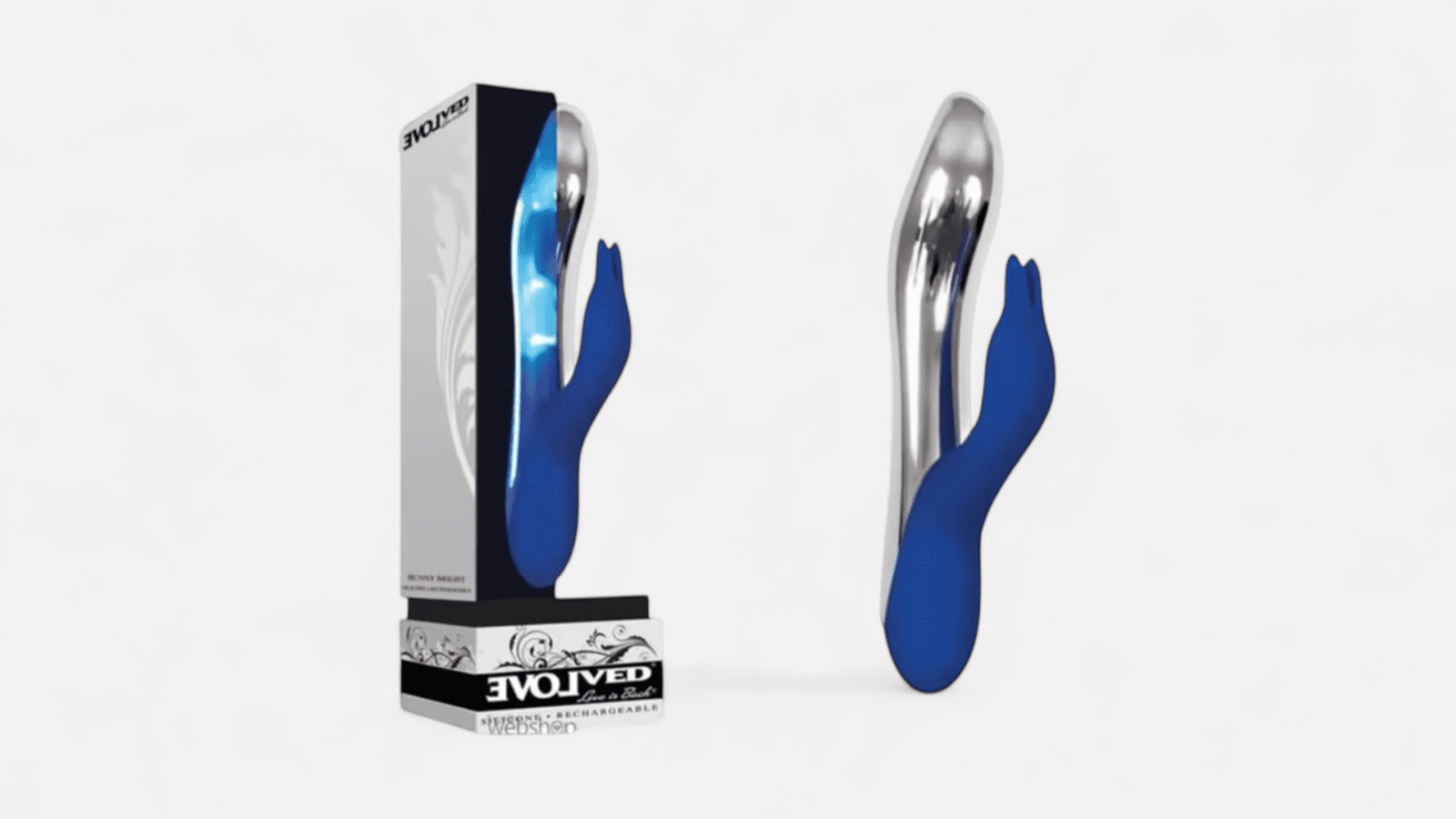 HU: Bunny Hop g-pontos csiklóizgató nyuszi vibrátor kék és krómozott kivitelben, dobozzal és oldalsó nézetben EN: Bunny Hop rabbit vibrator in blue and chrome finish shown with packaging in side view for G-spot and clitoral stimulation