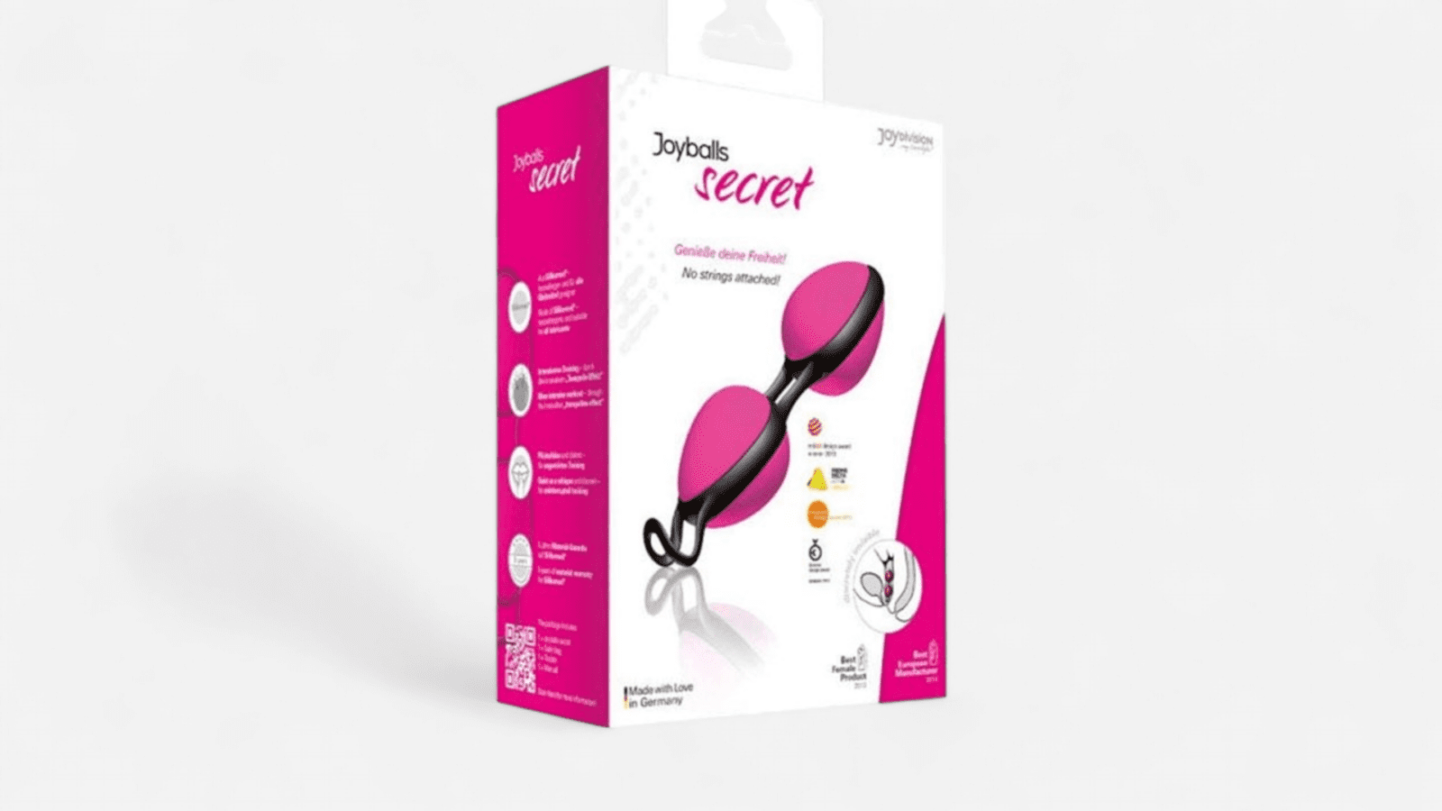 HU: Joydivision Joyballs Secret gésagolyó rózsaszín-fekete csomagolásban, 100% orvosi szilikonból, medencefenék-erősítéshez és női intim kontrollhoz EN: Joydivision Joyballs Secret kegel balls in pink and black packaging, made from 100% medical silicone for pelvic floor training and female intimate control
