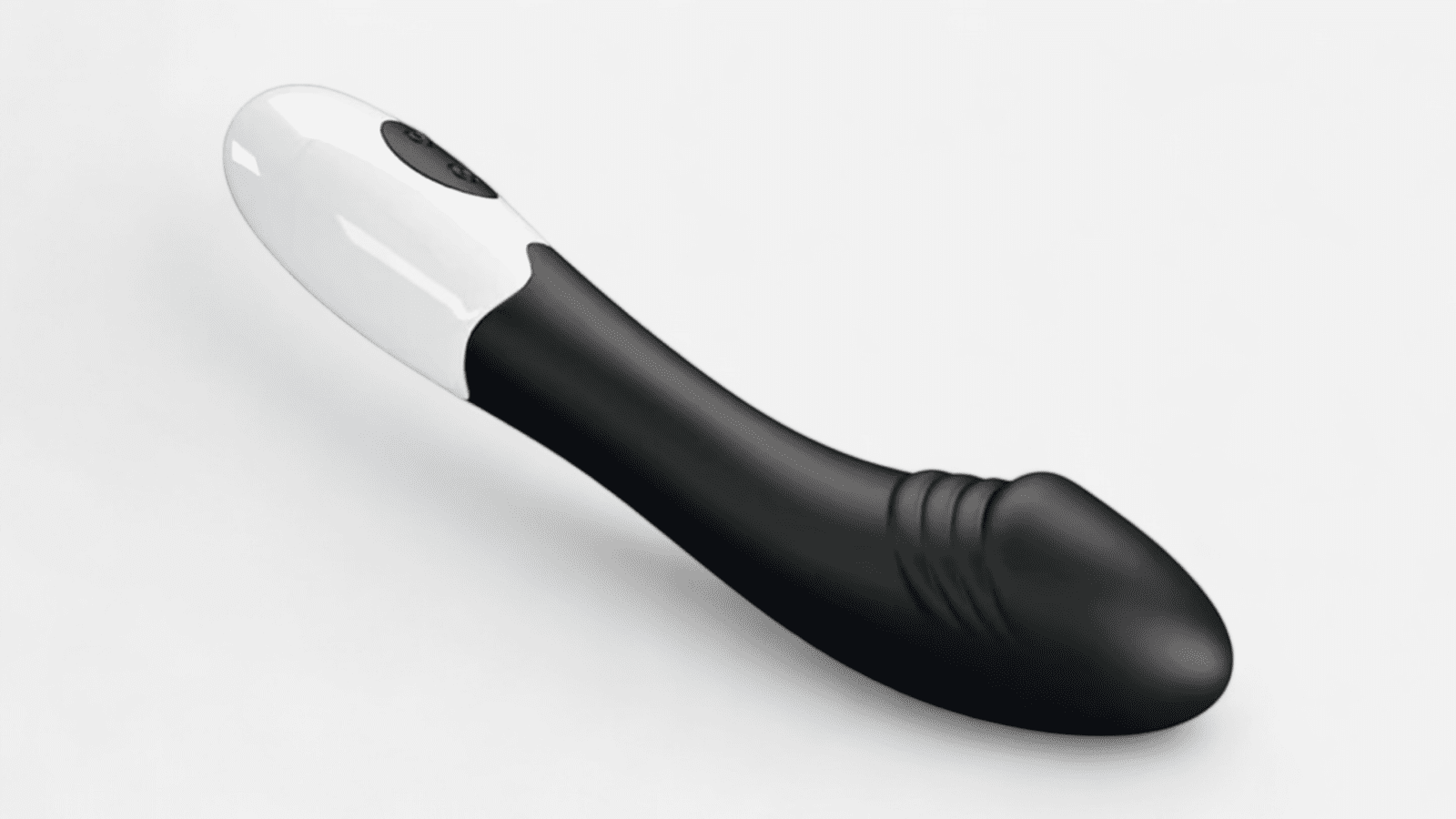 HU: Elemental G-pont vibrátor oldalnézetben, ívelt fekete szilikon testtel és fehér markolattal EN: Elemental G-spot vibrator side view with curved black silicone body and white handle