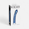 HU: Icicles Blue Curve kék üveg dildó eredeti Pipedream Icicles dobozban, kézzel fújt üveg masszírozóként bemutatva EN: Icicles Blue Curve blue glass dildo in original Pipedream Icicles packaging, shown as a hand-blown glass massager