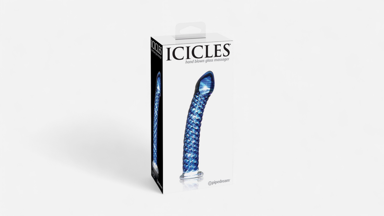HU: Icicles Blue Curve kék üveg dildó eredeti Pipedream Icicles dobozban, kézzel fújt üveg masszírozóként bemutatva EN: Icicles Blue Curve blue glass dildo in original Pipedream Icicles packaging, shown as a hand-blown glass massager