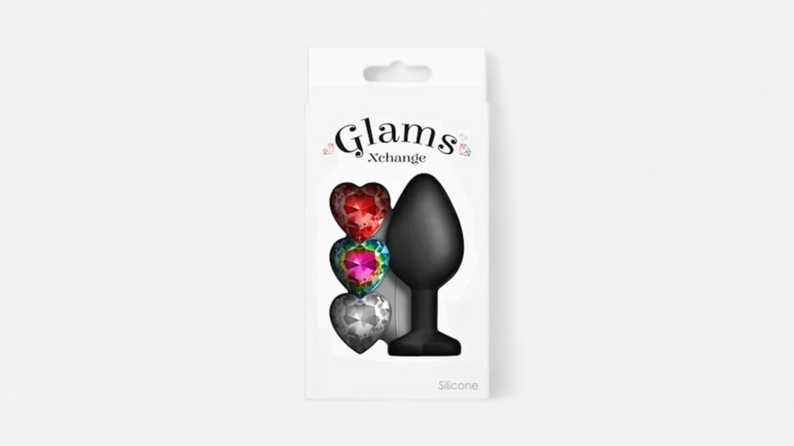 HU: Glams Heart Swap cserélhető szíves anál dugó eredeti csomagolásban, fekete szilikon testtel és három szív alakú díszkővel EN: Glams Heart Swap interchangeable heart anal plug in original packaging, with black silicone body and three heart-shaped gems