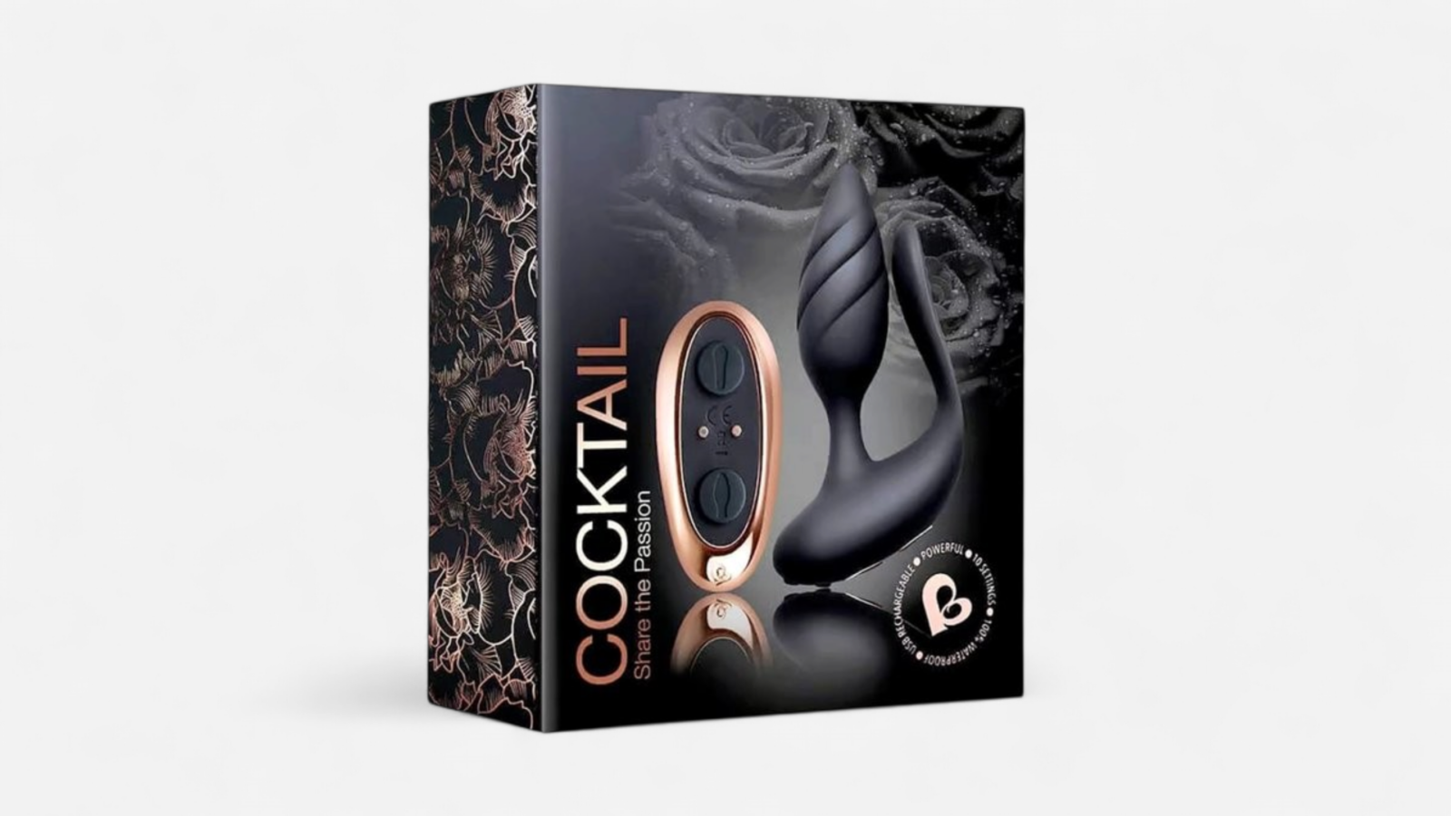 HU: Cocktail fekete távirányítós páros vibrátor dobozban, kétmotoros kialakítással és elegáns termékcsomagolással. EN: Cocktail black remote-control couples vibrator in packaging, with dual-motor design and elegant product box.