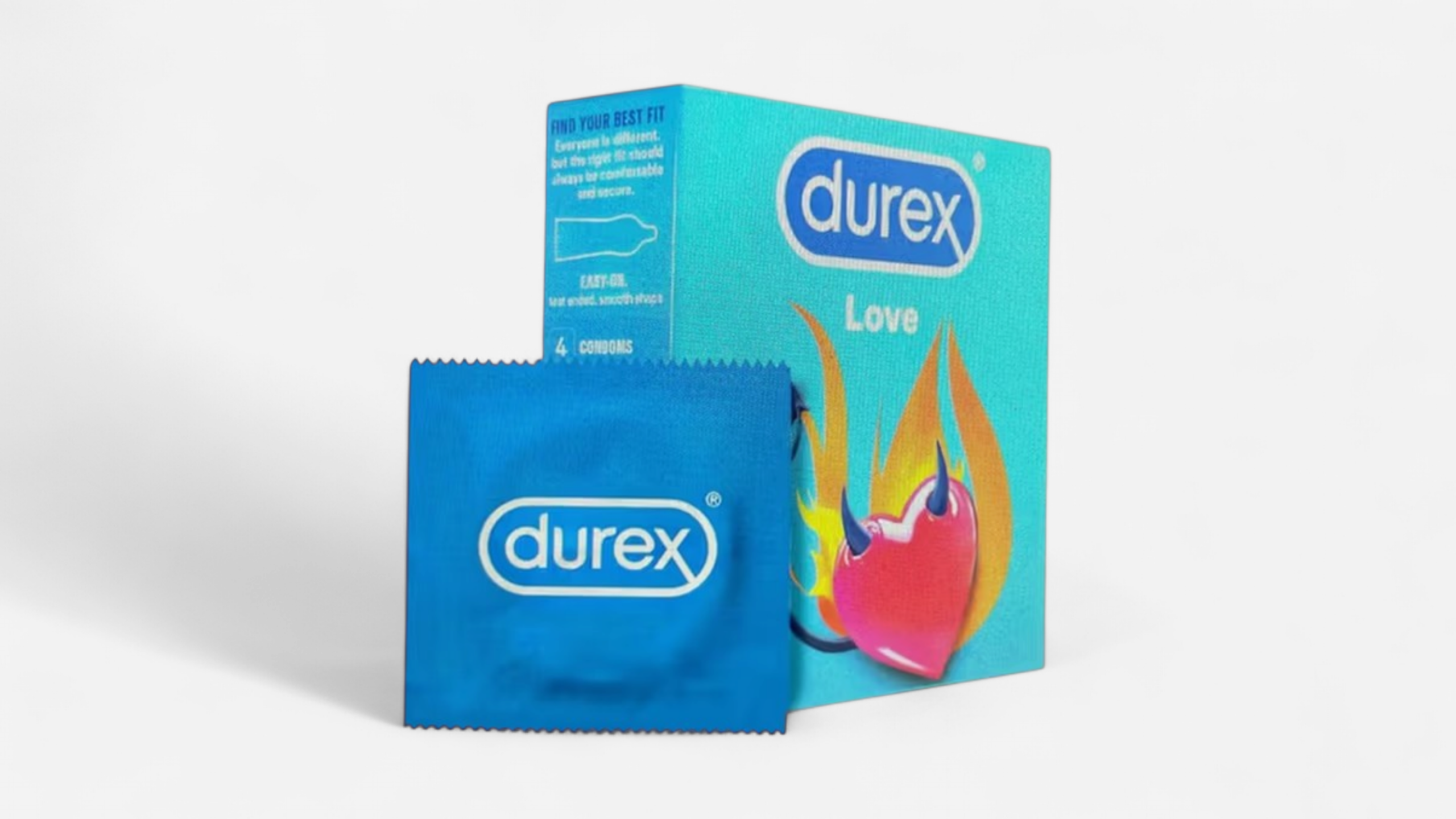 Durex Love óvszer csomag és kibontott óvszer – kék, 4 darabos kiszerelés Durex Love condom box with one condom visible – blue, 4-pack