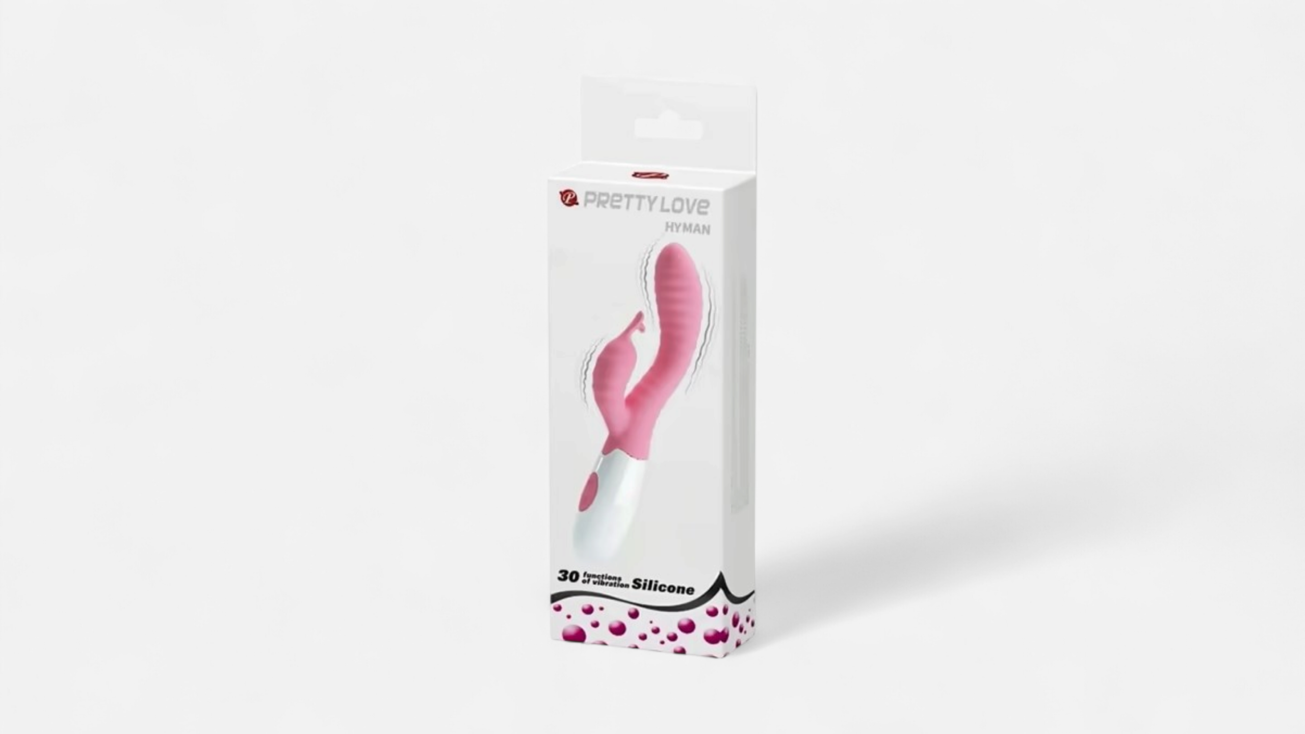 Hyman Rózsaszín vibrátor dobozban, rózsaszín szilikon testtel, fehér markolattal és kettős stimuláló kialakítással EN: Hyman Pink vibrator in packaging, pink silicone body, white handle and dual stimulation design