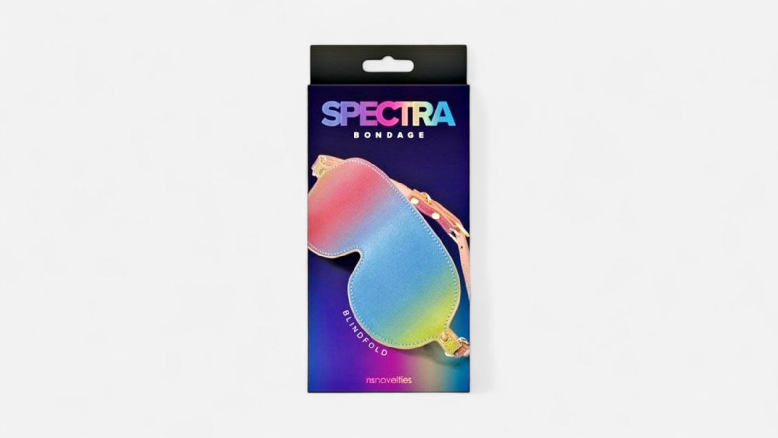 HU: Spectra Bondage Blindfold színes BDSM szemkötő eredeti dobozában, fehér háttéren. EN: Spectra Bondage Blindfold colorful BDSM blindfold in original packaging, on a white background.