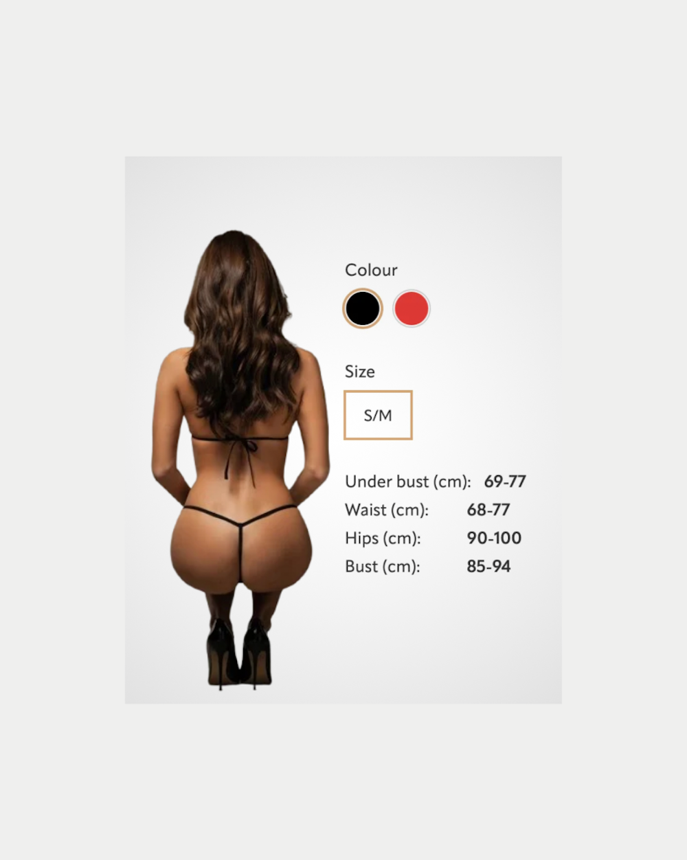 HU: Luiza Teddy S/M erotikus body méretinformáció piros és fekete színválasztékkal, mell, derék, csípő és mell alatti méretekkel. EN: Luiza Teddy S/M erotic body size information with red and black color options, showing bust, waist, hip, and under-bust measurements.