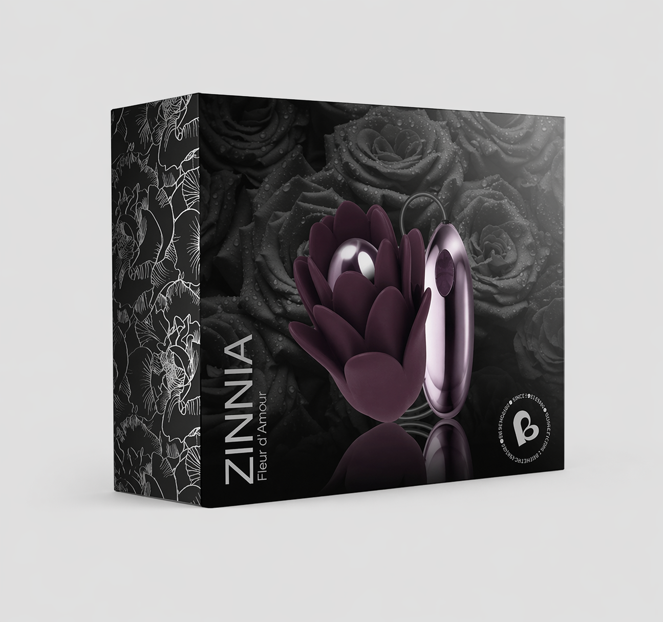 HU: Rocks-Off Zinnia vibrációs tojás termékdobozban, lila virágszirom formájú tojással és vezérlőegységgel EN: Rocks-Off Zinnia vibrating egg in product box with purple flower petal-shaped egg and controller