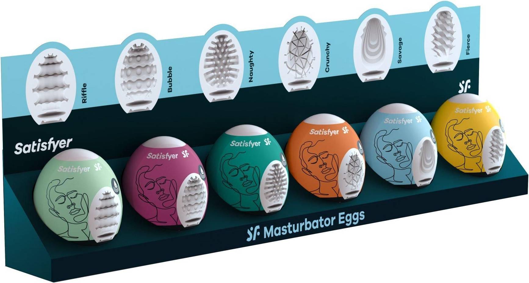 HU: Satisfyer maszturbátor tojás kollekció hat különböző belső mintázattal, Fierce, Crunchy, Riffle, Naughty, Bubble és Savage EN: Satisfyer masturbator egg collection with six different internal textures, Fierce, Crunchy, Riffle, Naughty, Bubble and Savage