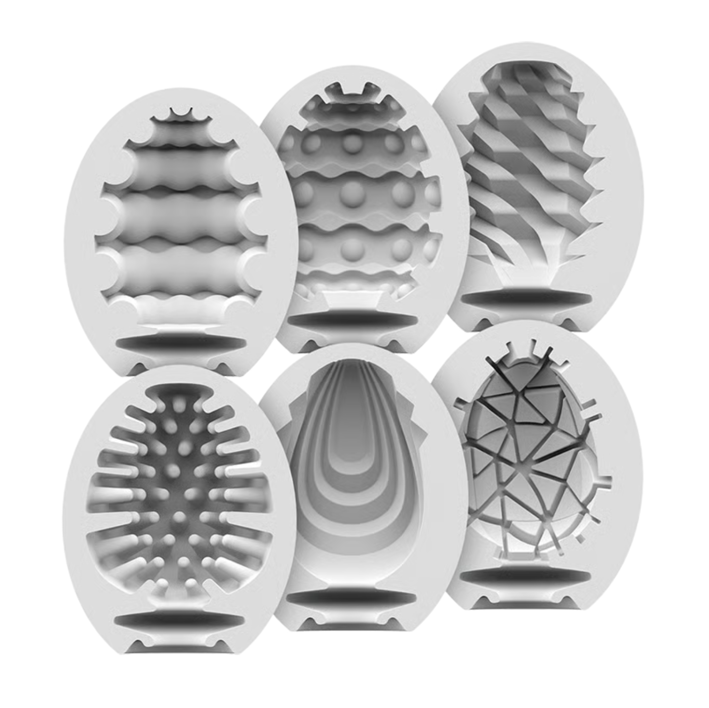 HU: Satisfyer maszturbátor tojás hat különböző belső mintázata közelről EN: Close-up of six different internal textures of Satisfyer masturbator eggs