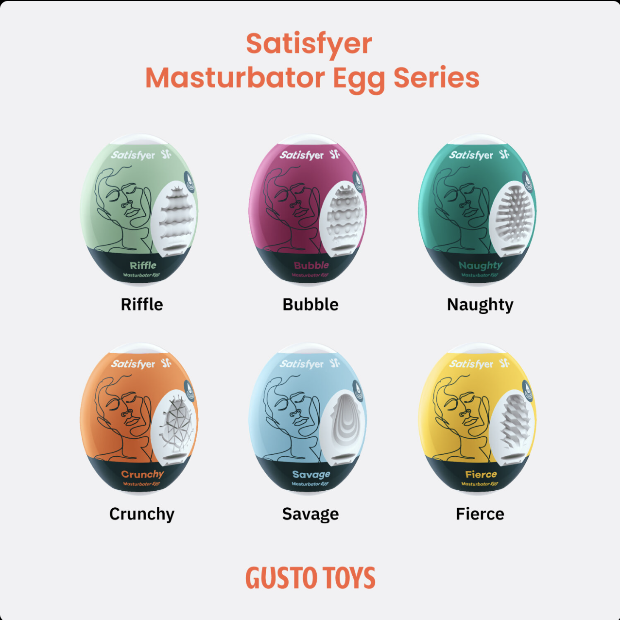 HU: Satisfyer maszturbátor tojás sorozat, Riffle, Bubble, Naughty, Crunchy, Savage és Fierce változatok EN: Satisfyer masturbator egg series with Riffle, Bubble, Naughty, Crunchy, Savage and Fierce versions