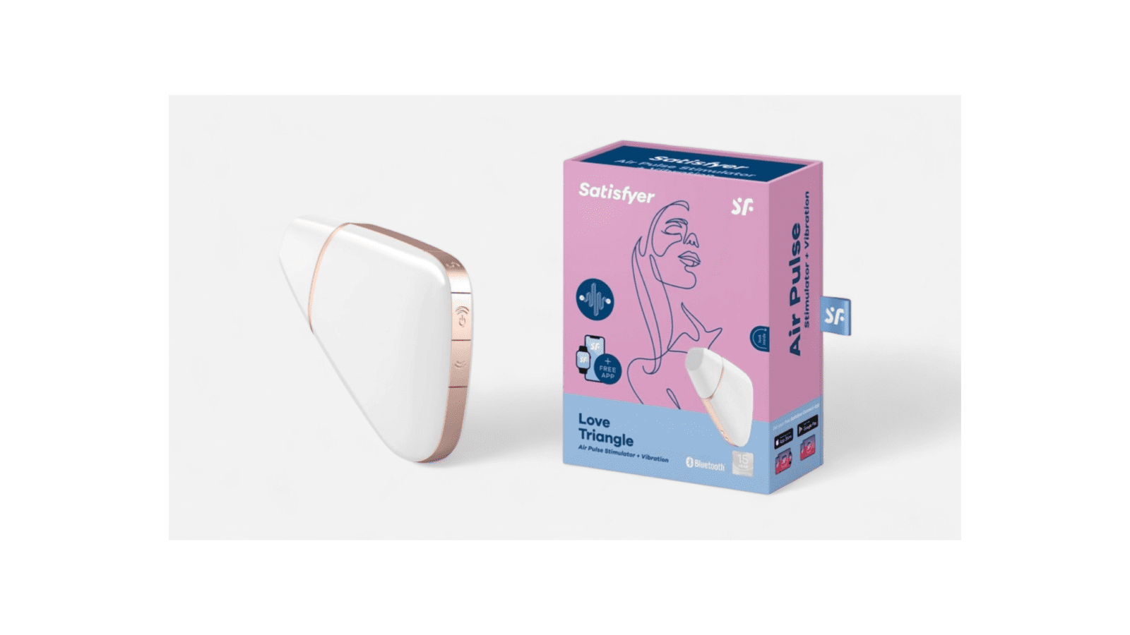 HU: Satisfyer Love Triangle app-vezérelt léghullámos csiklóizgató fehér színben, a termék dobozával együtt EN: Satisfyer Love Triangle app-controlled air pulse clitoral stimulator in white, shown with product box