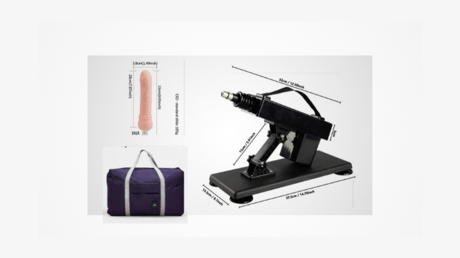 HU: Fekete automata szexgép méretjelölésekkel, műpénisz fejjel és hordtáskával, fehér háttéren. EN: Black automatic sex machine with measurement details, dildo attachment and carrying bag on a white background.