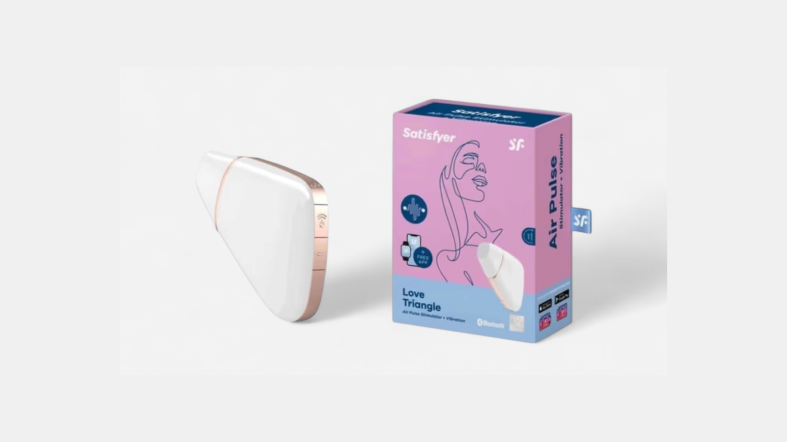 HU: Satisfyer Love Triangle app-vezérelt léghullámos csiklóizgató fehér színben, a termék dobozával együtt EN: Satisfyer Love Triangle app-controlled air pulse clitoral stimulator in white, shown with product box