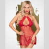 HU: Piros Libido Boost babydoll szett elölnézetben, áttetsző csipkés fehérnemű modellfotón EN: Red Libido Boost babydoll set front view, sheer lace lingerie on model
