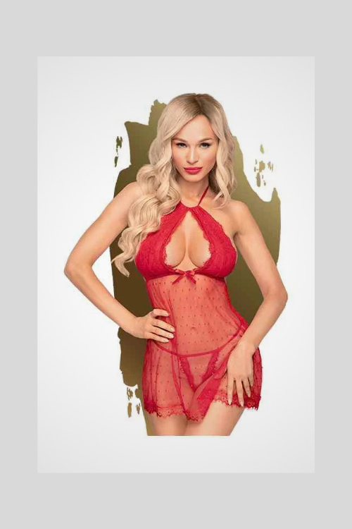 HU: Piros Libido Boost babydoll szett elölnézetben, áttetsző csipkés fehérnemű modellfotón EN: Red Libido Boost babydoll set front view, sheer lace lingerie on model