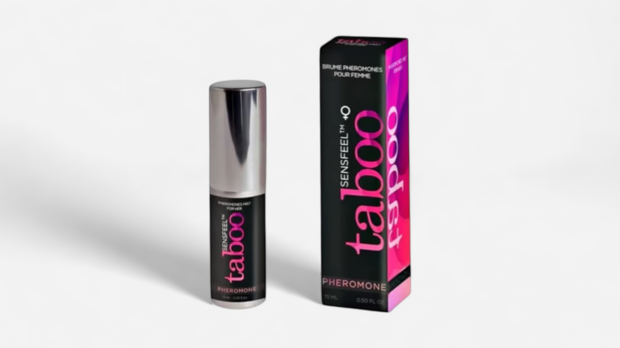 Taboo Vonzás 15 ml feromon permet nőknek – fekete és rózsaszín csomagolásTaboo Vonzás pheromon spray női csábításhoz – 15 mlTaboo Attraction 15 ml pheromone mist for women – black and pink packagingTaboo Attraction pheromone spray for women – 15 ml