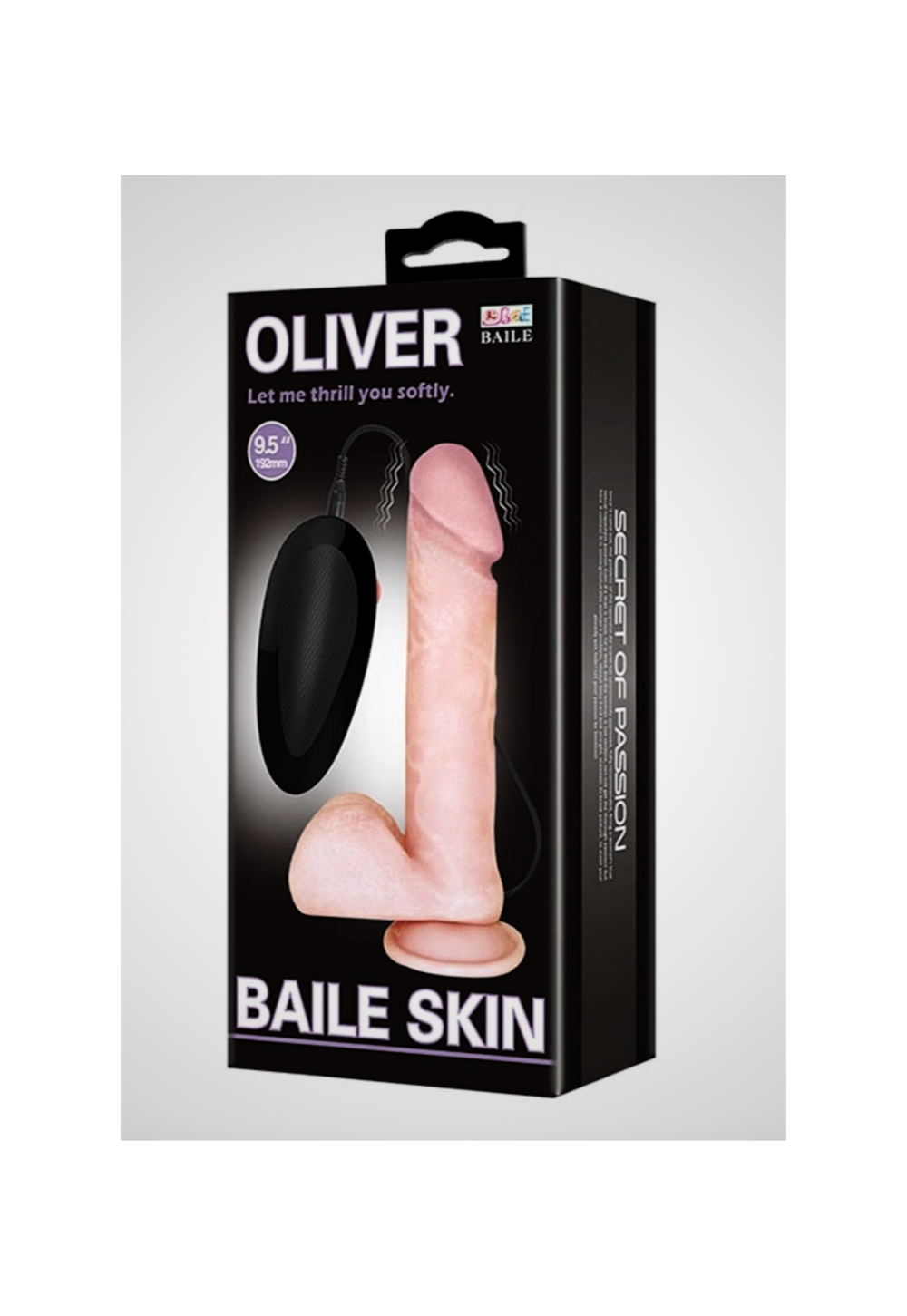Oliver 1 9,5″ realisztikus, herés vibrátor távirányítóval – termékdoboz, Szexshop Belvaros Oliver 1 9.5″ realistic dildo vibrator with remote – product box, Szexshop Belvaros