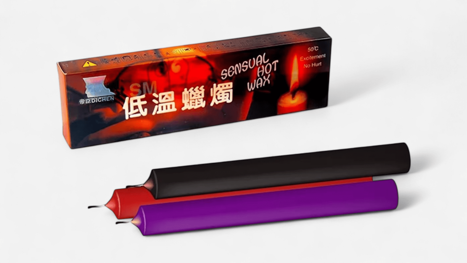 Fire Sticks alacsony hőmérsékletű viaszgyertya szett piros, lila és fekete gyertyákkal, érzéki BDSM játékokhoz. EN: Fire Sticks low temperature wax candle set with red, purple and black candles for sensual BDSM play.