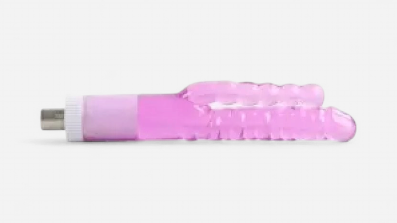 HU: Twin Turbo Thrill dupla dildó fej 3XLR szexgéphez, rózsaszín átlátszó, bordázott kialakítással és fém 3XLR csatlakozóval, oldalnézetben. EN: Twin Turbo Thrill double dildo attachment for 3XLR sex machine in transparent pink, with ribbed design and metal 3XLR connector, shown from the side.