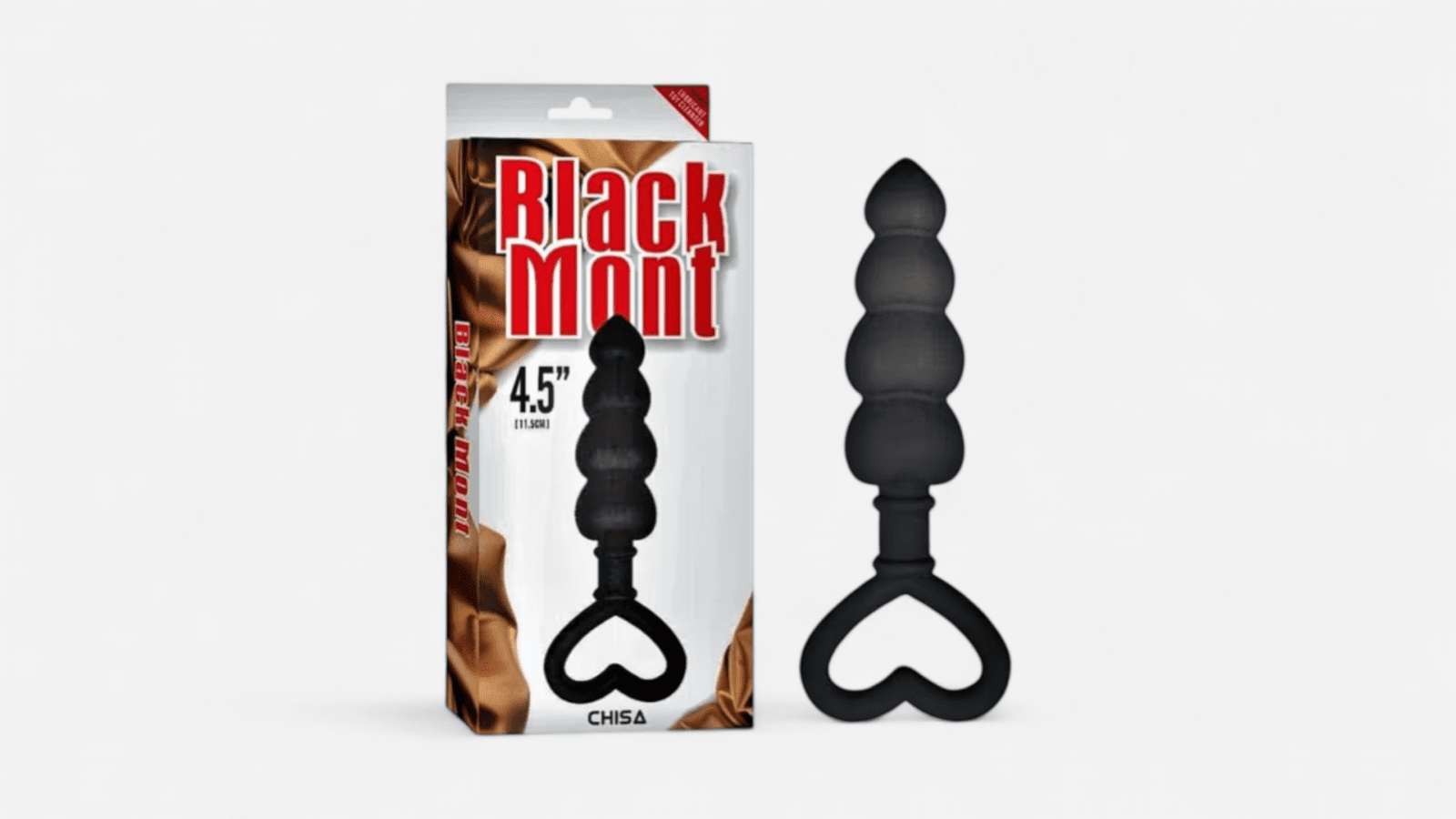 Beaded Love Probe gyöngyös anál tágító fekete szilikonból szív alakú fogantyúval és Black Mont csomagolással | Beaded Love Probe black silicone beaded anal plug with heart shaped handle and Black Mont packaging