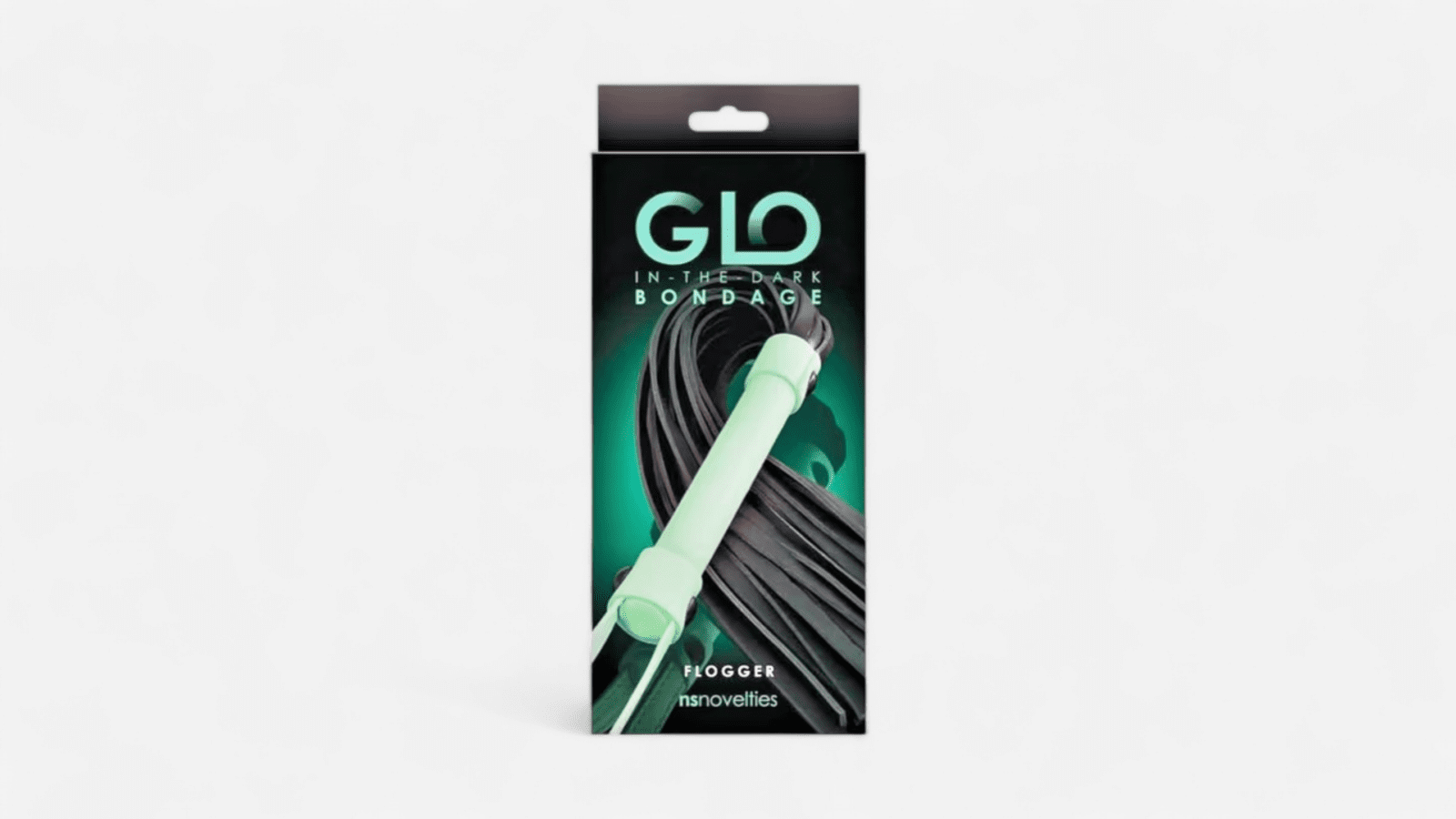 HU: GLO Bondage Flogger Green sötétben világító nyelű BDSM korbács termékdobozban EN: GLO Bondage Flogger Green BDSM flogger in product box with glow-in-the-dark handle