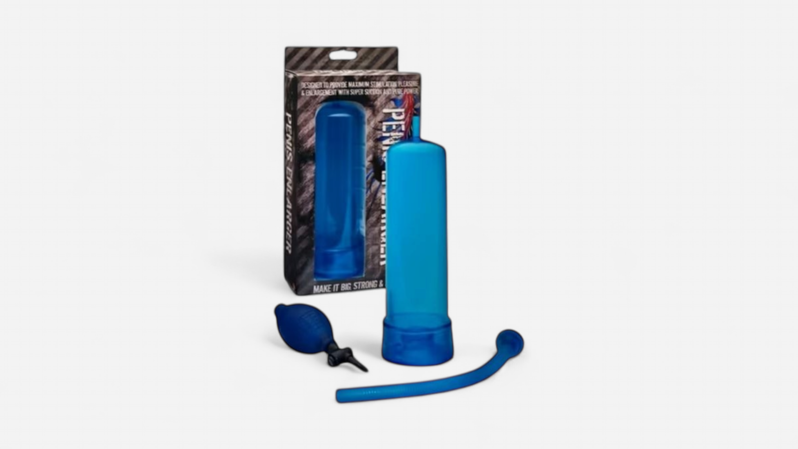 HU: Kék vákuumos péniszpumpa kézi pumpával, csővel és csomagolással – Szexshop Belváros EN: Blue vacuum penis pump with hand bulb, hose and packaging – Szexshop Belváros