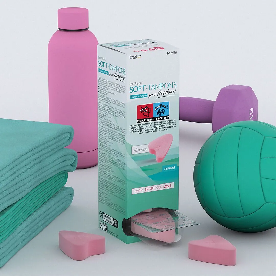 Joydivision Soft Tampon 10 db doboz sportos kiegészítőkkel, rózsaszín zsinór nélküli menstruációs szivacsokkal Joydivision Soft Tampon 10 pack box with sporty accessories and pink stringless menstrual sponges