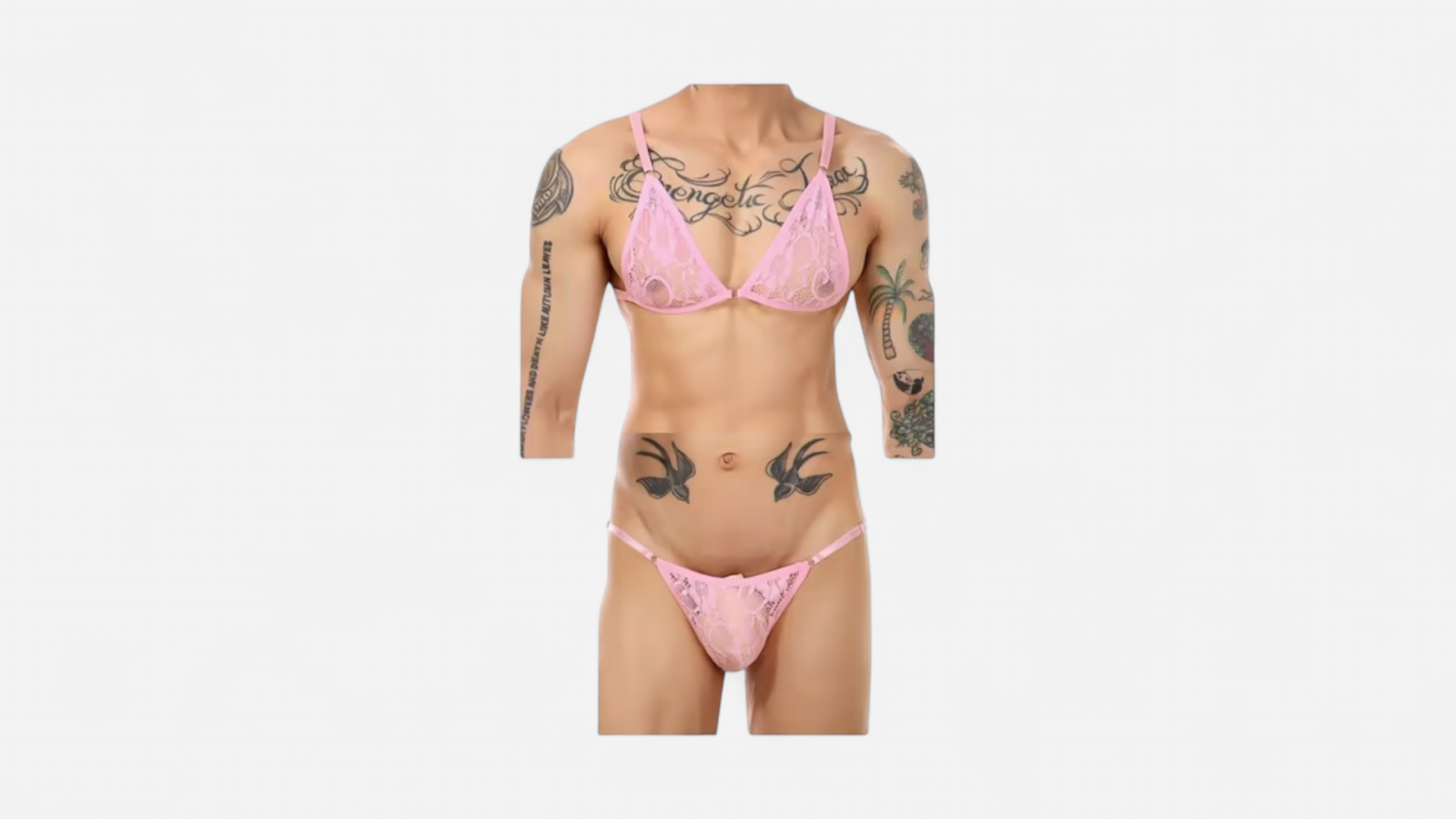 HU: Rózsaszín férfi csipke szett állítható melltartó és tangával, elölről fotózva EN: Pink men’s lace set with adjustable bra and thong, photographed from the front