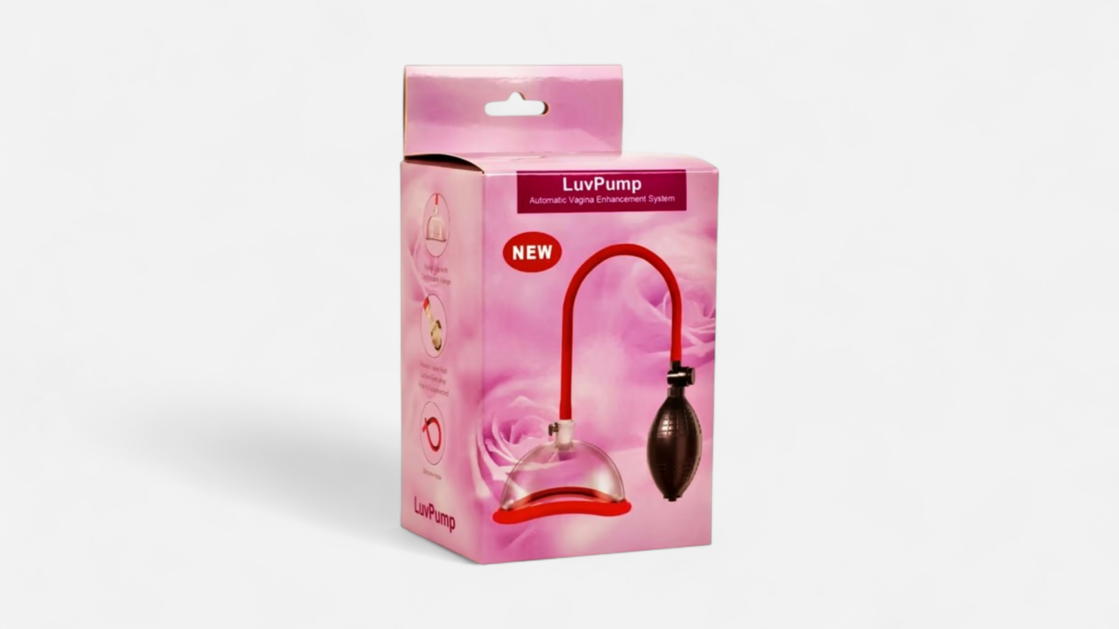 HU: Pump Fiction kézi vaginapumpa eredeti LuvPump csomagolásban, piros tömlővel, fekete pumpával és átlátszó harang fejjel EN: Pump Fiction manual vagina pump in original LuvPump packaging, with red hose, black pump and clear bell-shaped cup