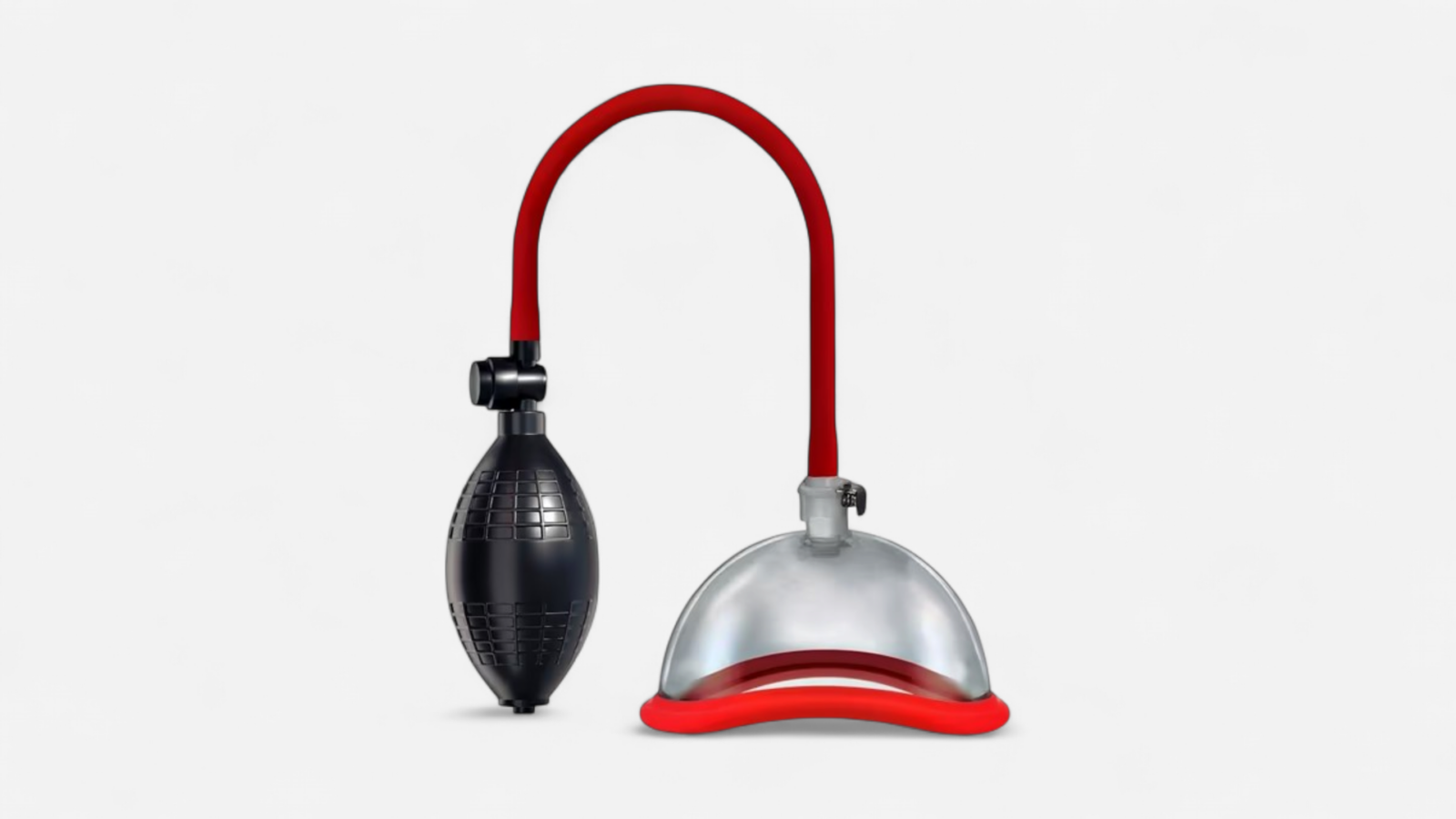 HU: Pump Fiction kézi vaginapumpa termékfotón, fekete ballonos pumpával, piros tömlővel és átlátszó harang formájú fejjel EN: Pump Fiction manual vagina pump in product photo, with black bulb pump, red hose and clear bell-shaped cup