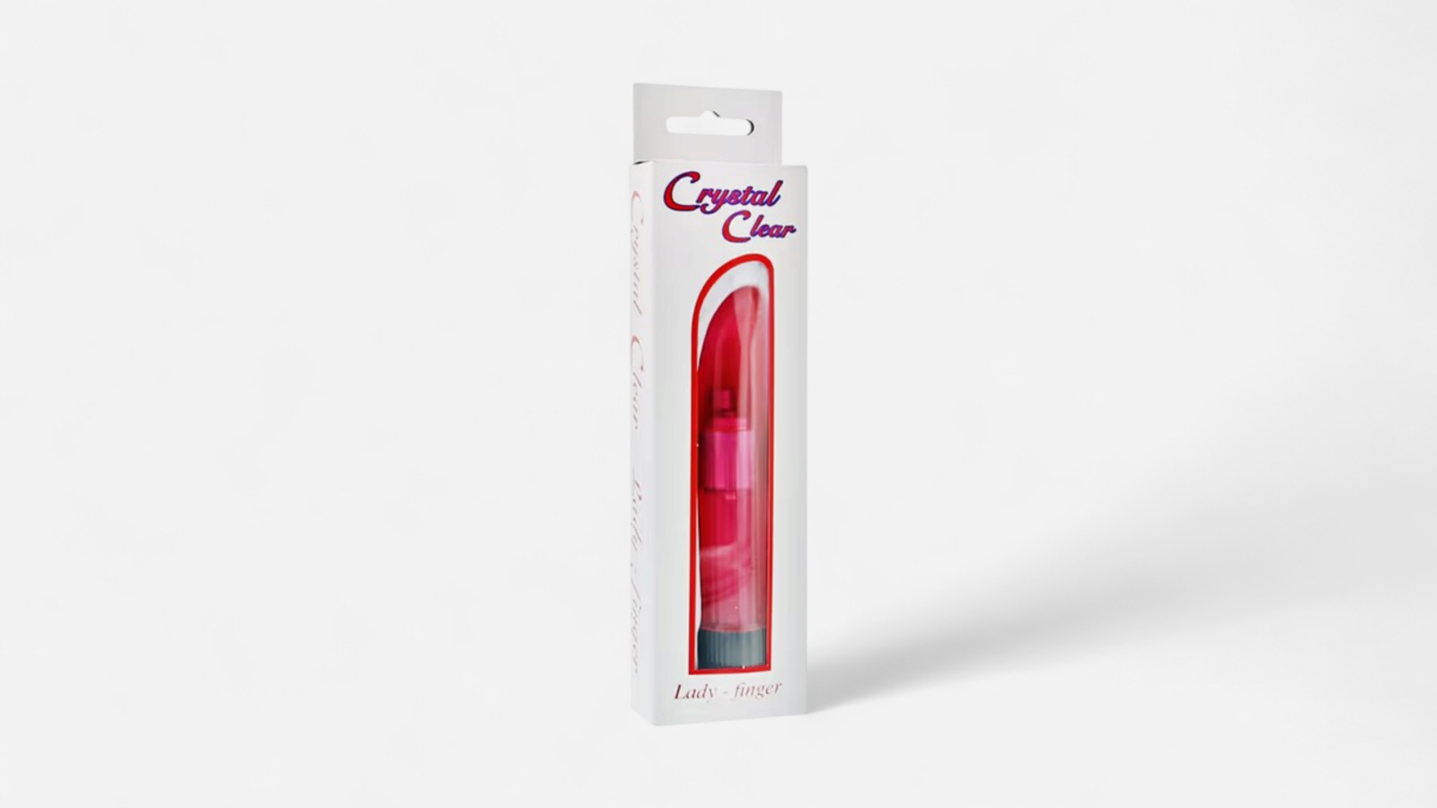 HU: Crystal Clear Lady Finger áttetsző rózsaszín mini vibrátor eredeti dobozában, fehér háttéren fotózva. EN: Crystal Clear Lady Finger transparent pink mini vibrator in original box, photographed on a white background.