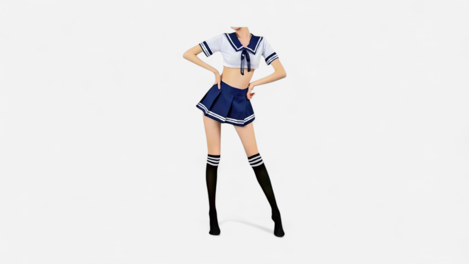 HU: Honor Roll Hoe S-M iskoláslány jelmez fehér galléros toppal, sötétkék pliszírozott miniszoknyával és csíkos térdzoknival EN: Honor Roll Hoe S-M schoolgirl costume with white sailor-style crop top, navy pleated mini skirt and striped knee-high socks