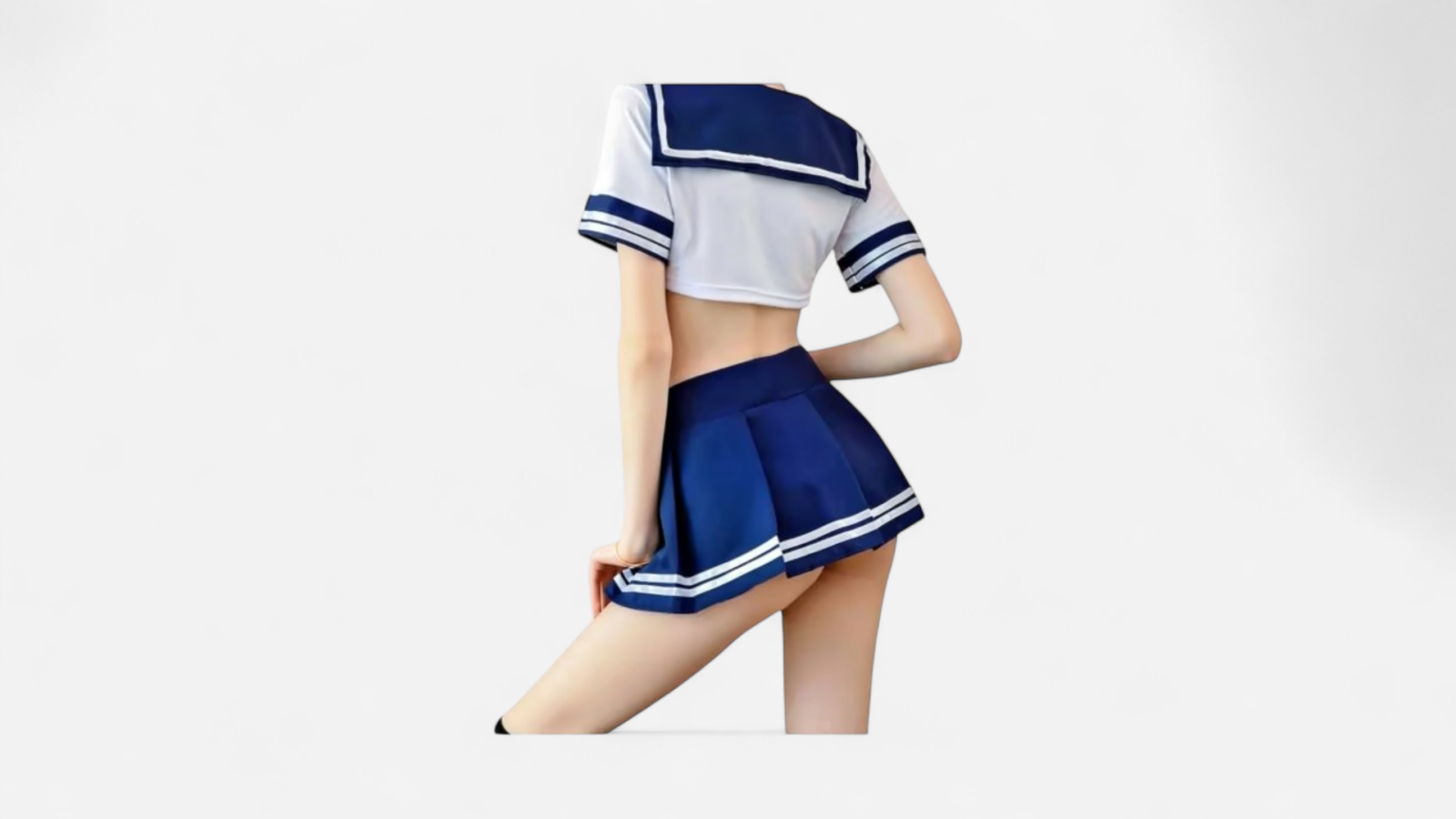 HU: Honor Roll Hoe iskoláslány jelmez hátulnézetből, rövid sötétkék pliszírozott szoknyával és matrózgalléros felsővel EN: Honor Roll Hoe schoolgirl costume back view with short navy pleated skirt and sailor-collar crop top