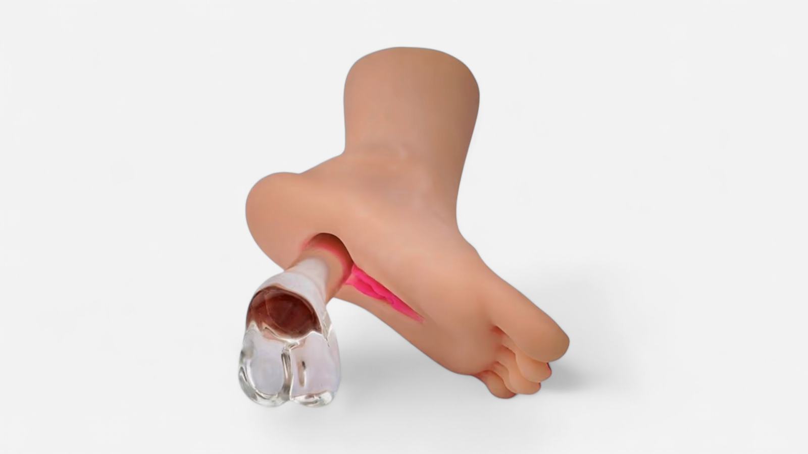 HU: Left Behind láb formájú maszturbátor használati bemutatója síkosítóval, lábfétis fantáziákhoz. EN: Left Behind foot-shaped masturbator shown with lubricant for foot fetish fantasy play.