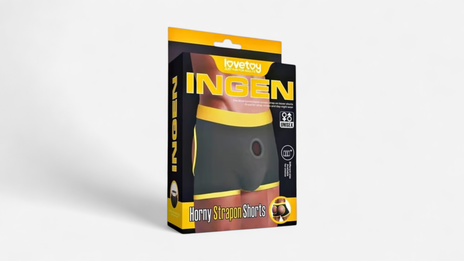 HU: Power Poke Briefs M/L felcsatolható boxer fekete-sárga Lovetoy csomagolásban, strap-on játékhoz EN: Power Poke Briefs M/L black and yellow strap-on boxer in Lovetoy packaging for strap-on play