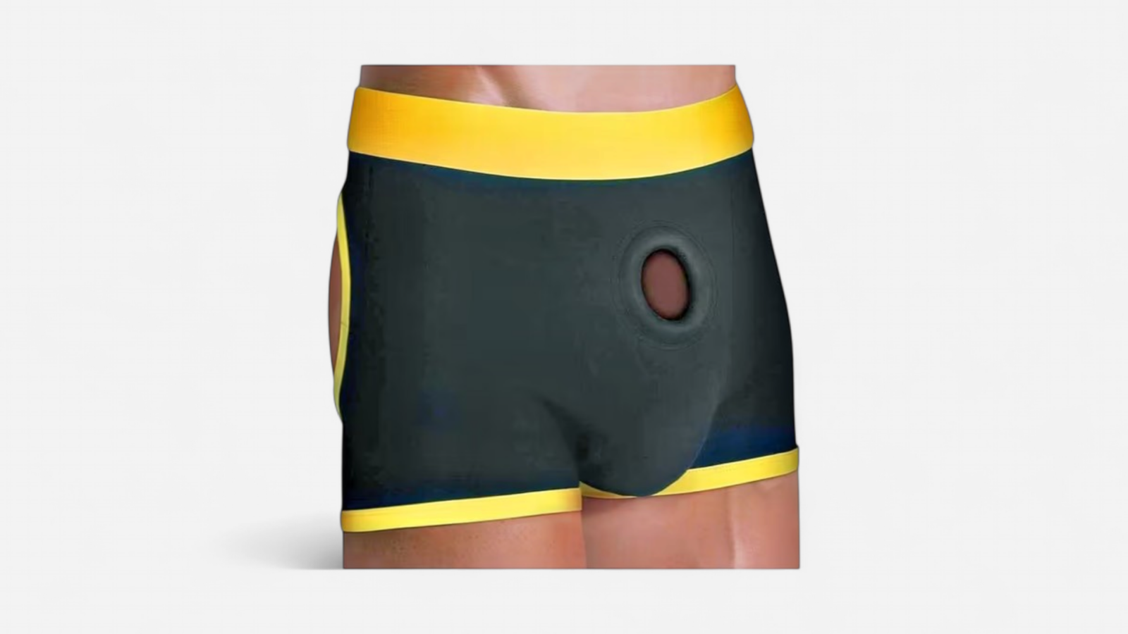 HU: Power Poke Briefs M/L elölnézet dildó nélkül, fekete-sárga felcsatolható boxer O-gyűrűs kialakítással EN: Power Poke Briefs M/L front view without dildo, black and yellow strap-on boxer with O-ring design