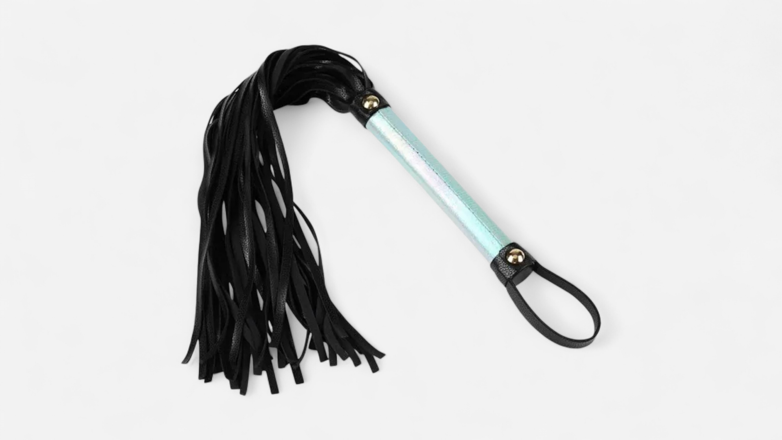Blue Frost Temptation kék-fekete BDSM korbács rojtokkal és akasztópántos markolattal EN: Blue Frost Temptation blue and black BDSM whip with tassels and wrist loop handle