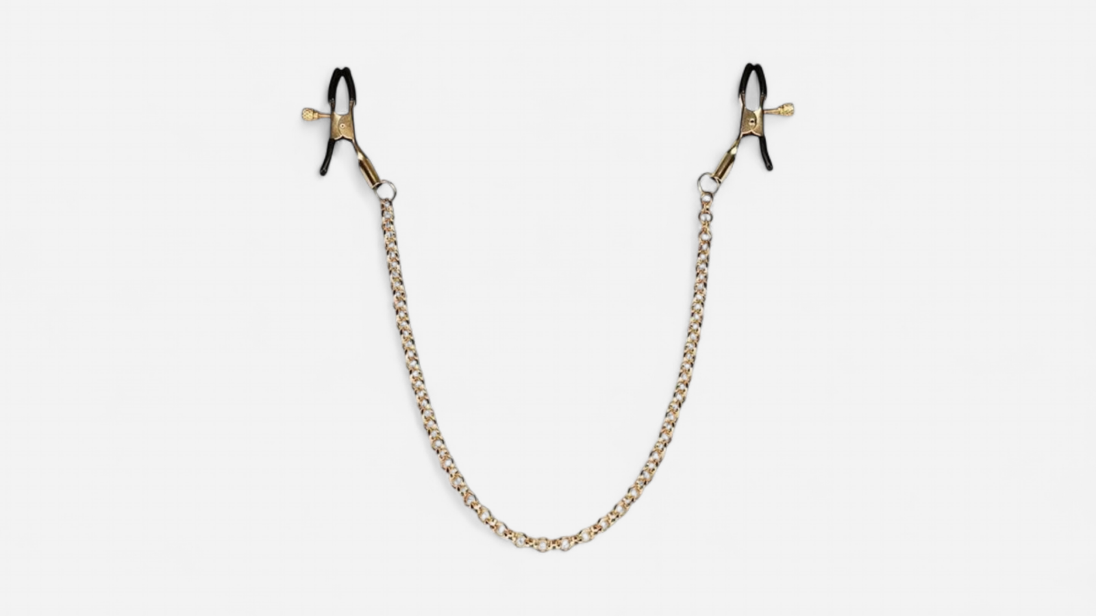 Blue Frost Temptation láncos mellbimbócsipesz aranyszínű lánccal és fekete védővégekkel EN: Blue Frost Temptation nipple clamps with gold-tone chain and black protective tips