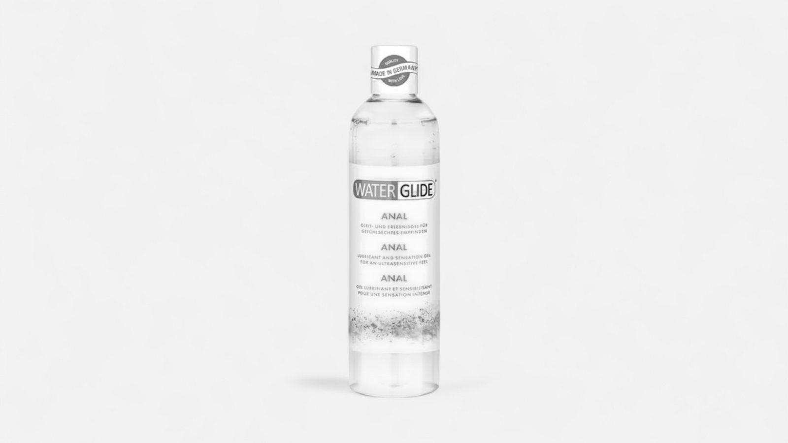 Waterglide Anál 300 ml vízbázisú anál síkosító átlátszó flakonban, fehér háttéren, szexshop belvaros termékfotó Waterglide Anal 300 ml water-based anal lubricant in a transparent bottle on a white background, szexshop belvaros product photo