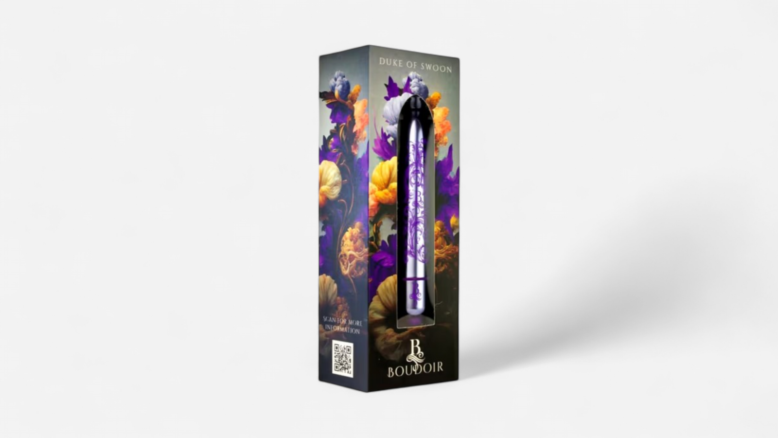 HU: Rocks-Off Boudoir Duke of Swoon lila mini vibrátor elegáns virágmintás dobozban, szexshopbelvaros termékkép EN: Rocks-Off Boudoir Duke of Swoon purple mini vibrator in elegant floral packaging, szexshopbelvaros product image