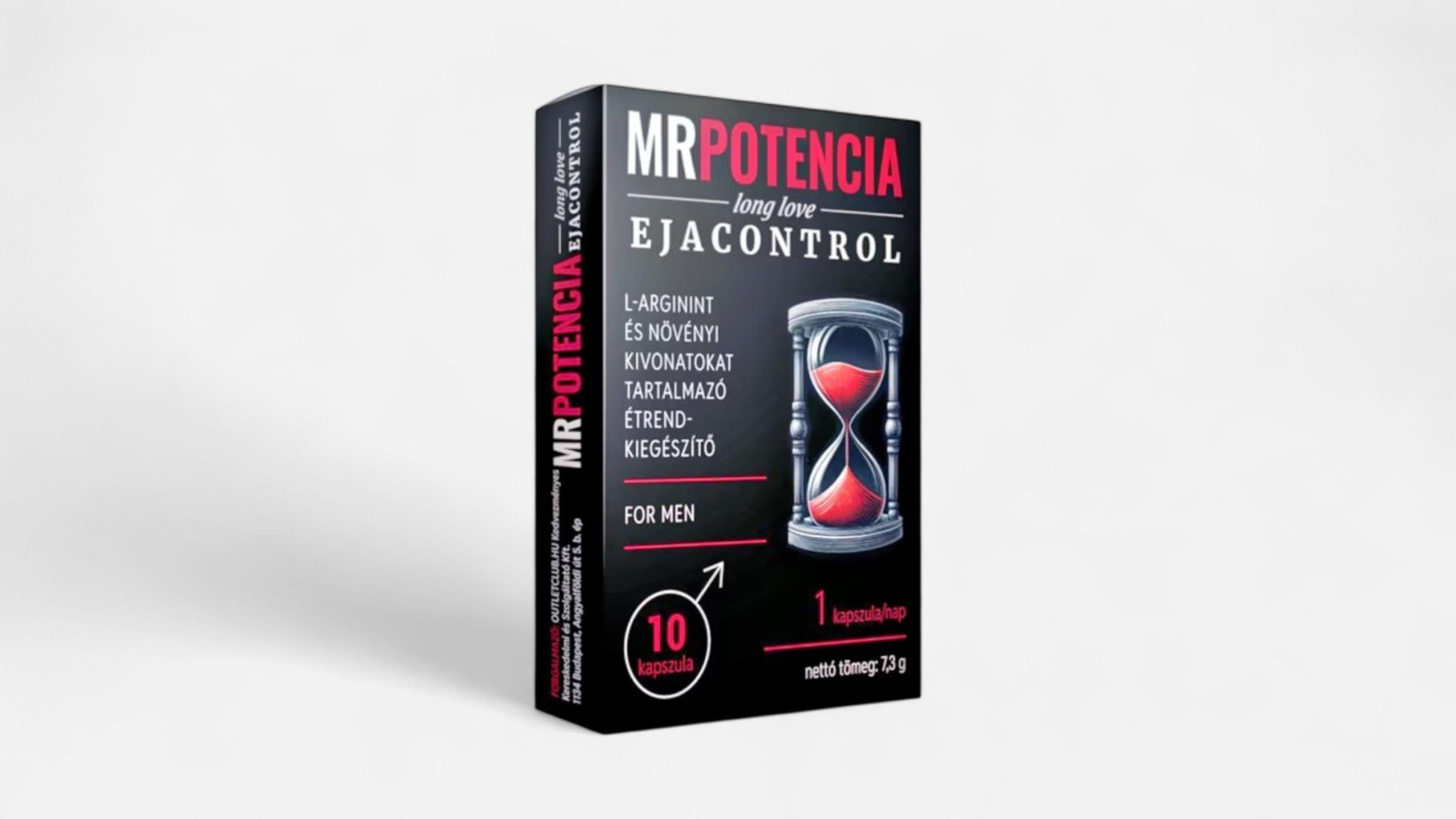 HU: MrPotencia Long Love Ejacontrol késleltető kapszula férfiaknak fekete-piros dobozban, homokóra grafikával és 10 kapszulás kiszereléssel. EN: MrPotencia Long Love Ejacontrol delay capsule for men in black and red packaging with an hourglass design and 10 capsules.