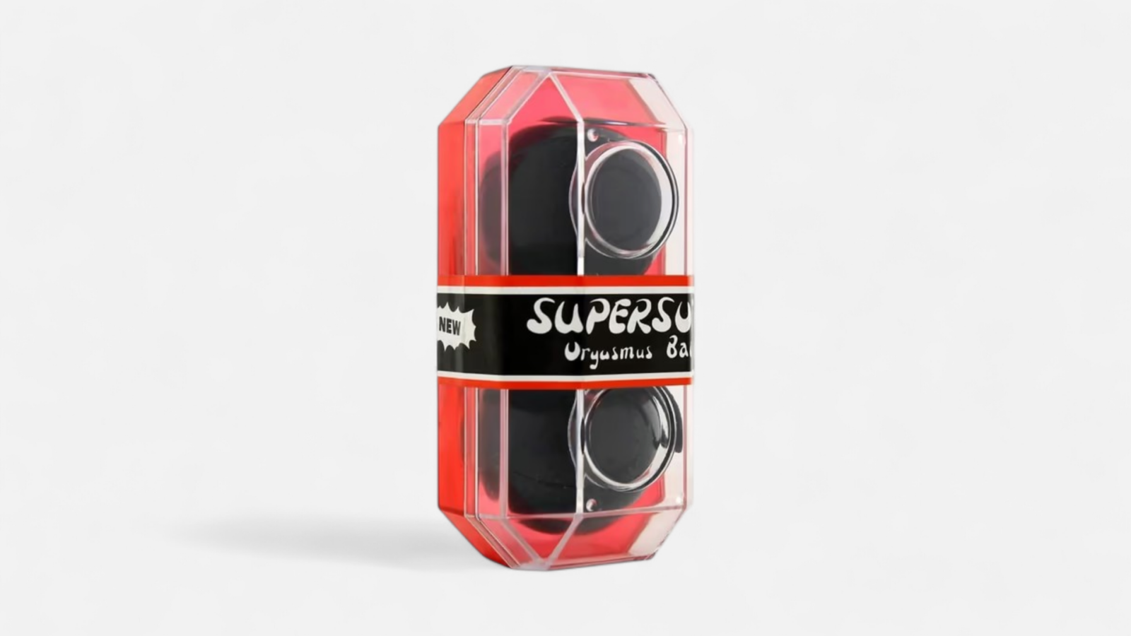 HU: Black Beast fekete gésagolyó piros átlátszó csomagolásban, két belső súlyos intimtorna golyóval EN: Black Beast black geisha balls in red transparent packaging with two weighted intimate training balls